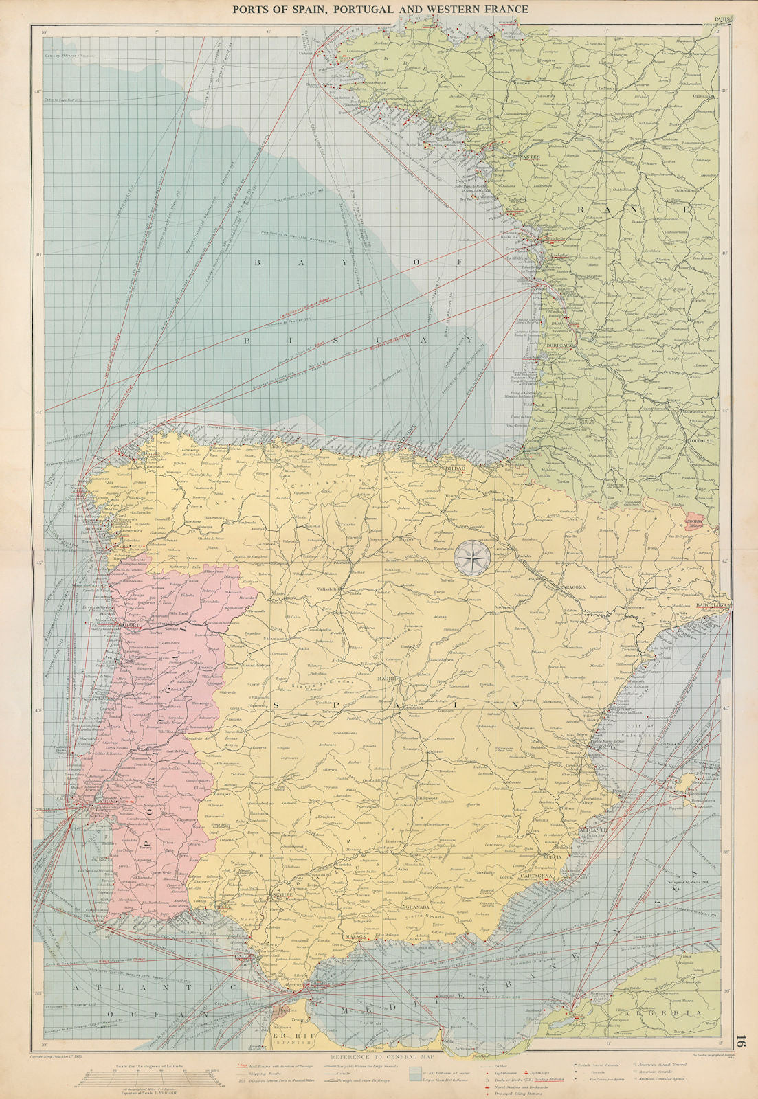 Spain, Portugal & Western France ports sea chart. Bordeaux Lisbon LARGE 1952 map